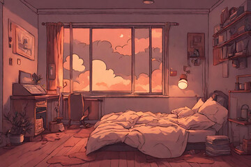 Lofi warm bedroom on a cloudy evening. - 48 - obrazy, fototapety, plakaty