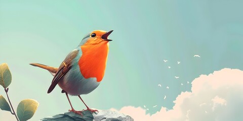 Vibrant Bird Character Singing Atop Scenic Mountain with Cloudy Sky in the Background - obrazy, fototapety, plakaty
