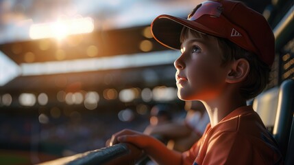 Game Day Wonder, young baseball fan gazes at the field, captivated by the game, with sunset light illuminating his hopeful expression - obrazy, fototapety, plakaty