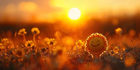 Selbstklebende Fototapeten Cheerful Sun Character Rises on a New Day Signaling the Dawn of Self Reliance and Endless Possibilities © Thares2020