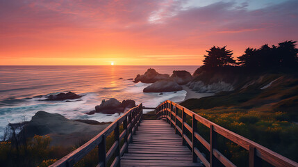 a wooden walkway leading to a beach at sunset in Cambria a beautiful and intricate matte painting trending on unsplash breathtaking scenery - Powered by Adobe
