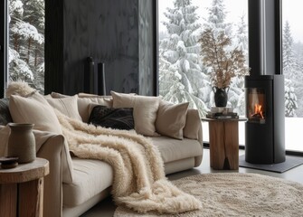 Cozy living room with a plush white sofa, a soft fur throw blanket on the armrests and a wooden coffee table featuring an indoor fire bowl