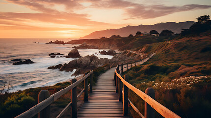 a wooden walkway leading to a beach at sunset in Cambria a beautiful and intricate matte painting trending on unsplash breathtaking scenery - obrazy, fototapety, plakaty