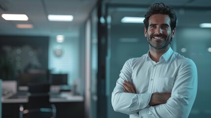 Welcoming Businessman in Office Environment, cheerful businessman greets with a warm smile, standing in a well-lit office space, representing approachability and successful corporate culture - obrazy, fototapety, plakaty