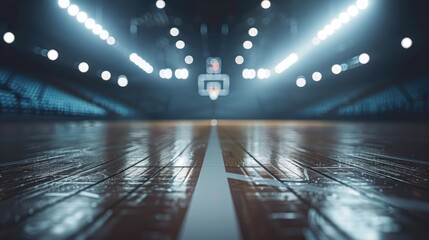 Gleaming Basketball Court Under Arena Lights, pristine basketball court bathed in the glow of arena...
