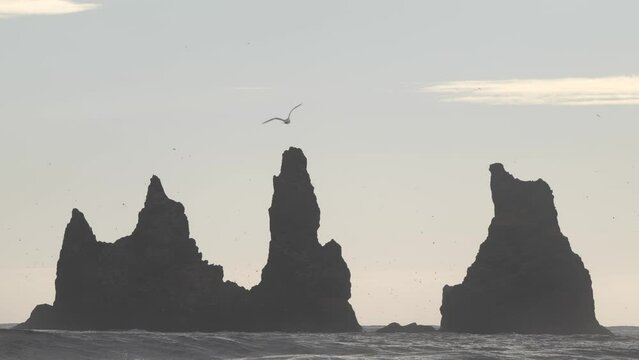 Reynisdrangar at Black Sand Beach in Vik in Southern Iceland Slow Motion