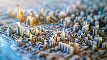 Miniature Urban Skyline in Detail, detailed miniature model captures an urban skyline with towering...