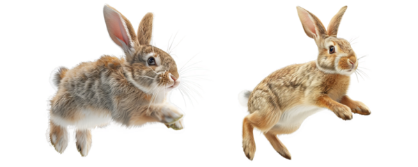 Realistic set of Gleeful Rabbit Jumping isolate on transparent background, cutout, png