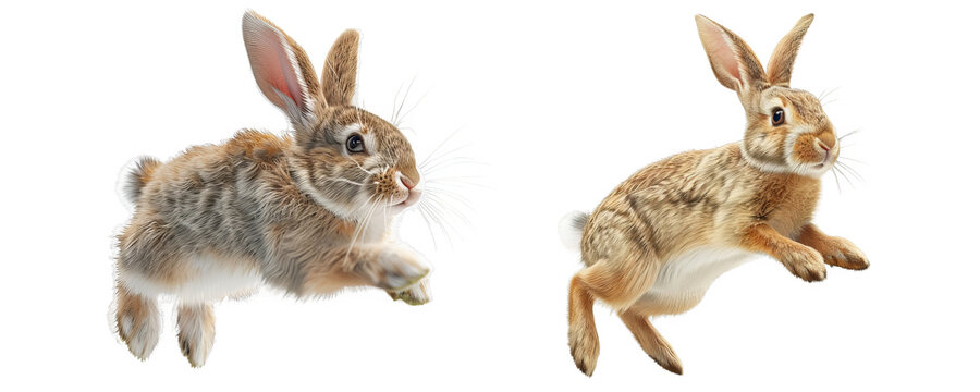 Realistic set of Gleeful Rabbit Jumping isolate on transparent background, cutout, png