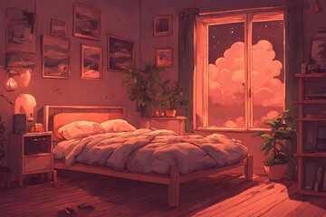 Lofi warm bedroom on a cloudy evening. - 7