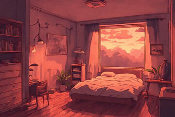 Lofi warm bedroom on a cloudy evening. - 8