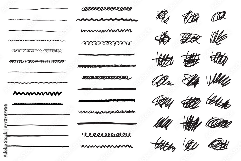 Poster hand drawn scribble line set. doodle collection of handmade lines, underlines and elements. letterin