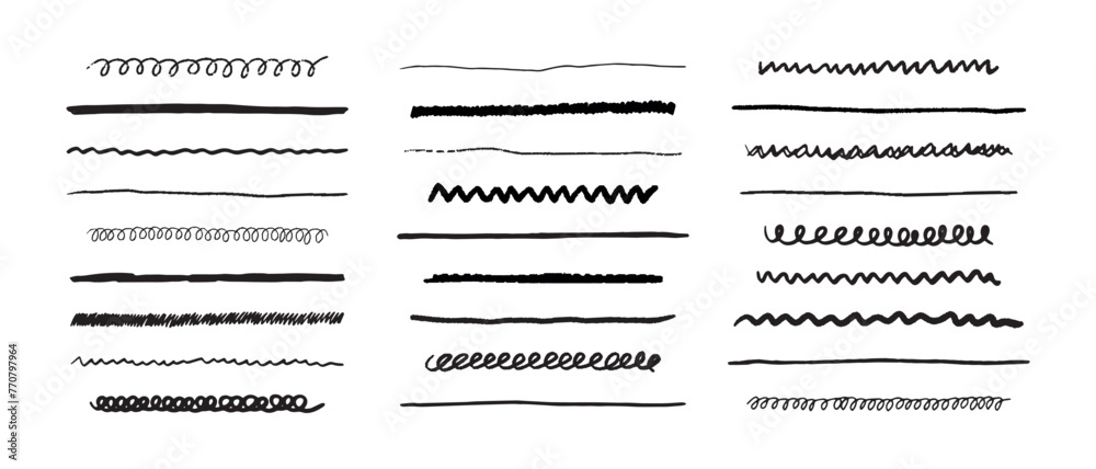 Poster Hand drawn scribble line set. Doodle collection of handmade lines, underlines and elements. Lettering art lines isolated on white background.