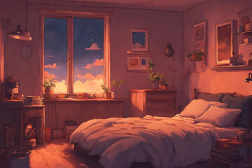 Lofi warm bedroom on a cloudy evening. - 17