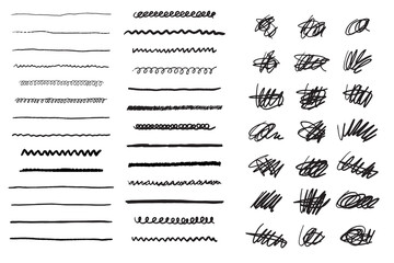 Hand drawn scribble line set. Doodle collection of handmade lines, underlines and elements. Lettering art lines isolated on white background.
