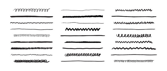 Hand drawn scribble line set. Doodle collection of handmade lines, underlines and elements. Lettering art lines isolated on white background. - obrazy, fototapety, plakaty