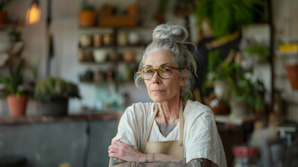 Senior hipster woman with glasses in an apron poses in a plant-filled room..