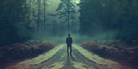 A man stands at a crossroads in a deep forest deciding between a challenging path and a safe one. Concept Nature, Decision-making, Adventure, Wilderness, Crossroads - obrazy, fototapety, plakaty