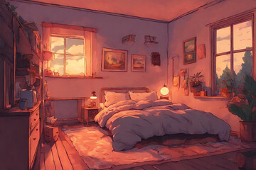 Lofi warm bedroom on a cloudy evening. - 27