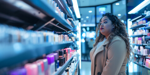 A poised plus size Latina woman in a coat stands in a brightly lit cosmetic store, ready to buy makeup products