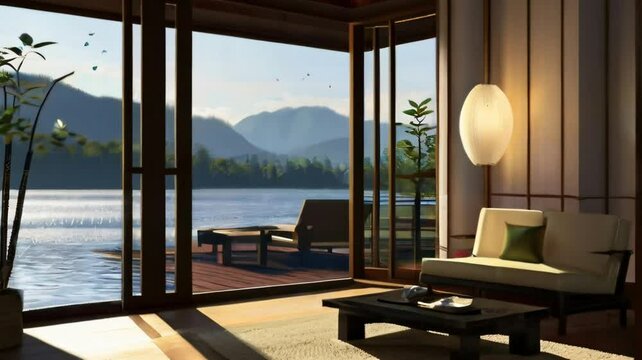 Modern villa interior with fantasy tropical landscape by the lake. Cartoon watercolor painting illustration style. seamless looping 4K time-lapse video animation background.