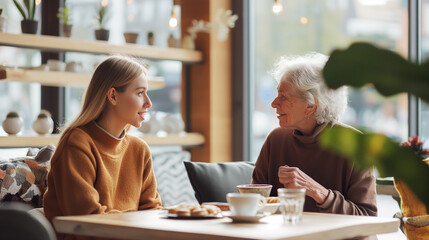 An intimate moment captured between a young woman and her grandmother in a cozy cafe, sharing laughter over coffee, joy of familial bonds