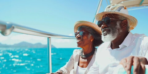 Senior African-American couple sailing in comfort on yacht in sea trip, happy elderly man and woman in sunglasses enjoying sunshine and sea travel