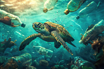 Fototapeta na wymiar plastic pollution with turtle swimming underwater between discarded plastic bottles, Generative Ai
