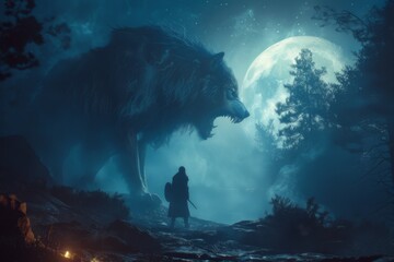 Moonlit Confrontation,The Lone Knight Stands Against an Ethereal Wolf in a Forest Clearing, Emphasizing Scale and Tension with Dramatic Moonlight
