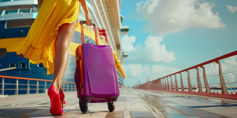 A fashionable woman with a vibrant suitcase and colorful heels boards a cruise ship for a sunny vacation