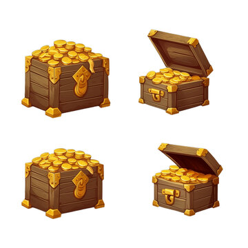 Four Illustrations of Ornate Wooden Treasure Chests with Gold Coins