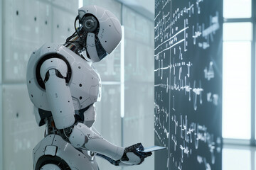 Tech-Savvy AI: Robot Demonstrating Advanced Math Skills on Board - Teaching Humans with Professional, Futuristic Style Concept