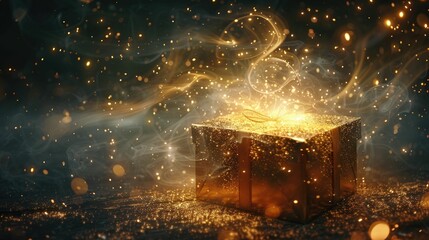 A mesmerizing golden gift box radiates a magical glow amidst swirling lights and a dark, sparkling backdrop
 - obrazy, fototapety, plakaty