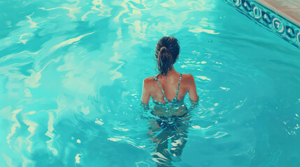 beautiful woman is swimming , diving and floating in the clear blue pool water 
