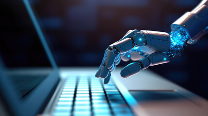 Robot hands point to laptop button advisor chatbot robotic artificial intelligence concept. 
