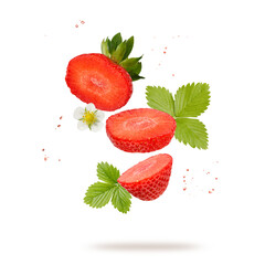 Sliced fresh sweet strawberry berry with flower, leaves and drops flying falling isolated on white background.