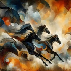Abstract horses with flowing manes galloping against a vibrant backdrop filled with swirling and circular patterns of colors of orange, yellow, blue and grey hues. - obrazy, fototapety, plakaty