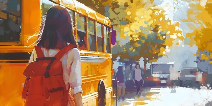 A digital painting of a schoolgirl walking towards a yellow school bus on a sunny day. Concept Schoolgirl, Yellow School Bus, Sunny Day, Digital Painting, Outdoors