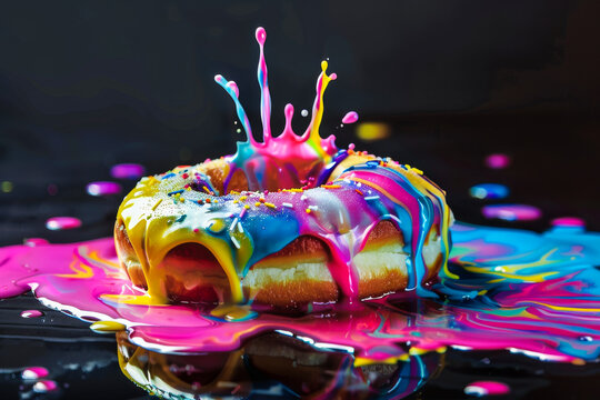 donut glazed in rainbow colored icing rests on a black surface