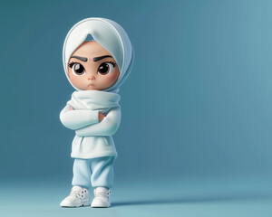 3D rendered Muslim girl character, cute, serious on blue background, in thought, issue concept