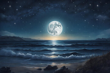 Night time ocean view with a full moon and sparkling stars.wallpaper for desktop. - 50