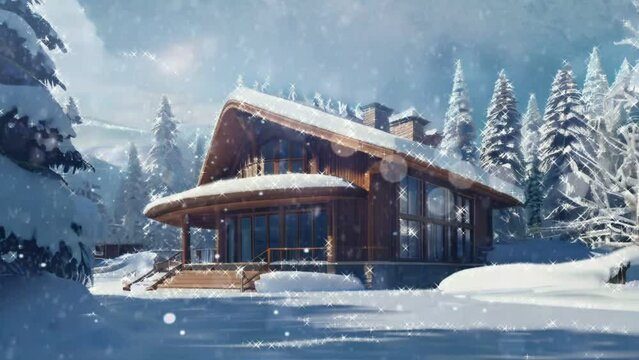 3D animation of a fantasy landscape and house building in a snowy winter. smooth and repetitive animated background
