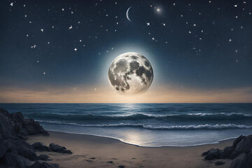 Night time ocean view with a full moon and sparkling stars.wallpaper for desktop. - 53