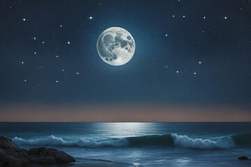 Night time ocean view with a full moon and sparkling stars.wallpaper for desktop. - 57