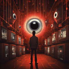 image of a person in a suit in front of many monitors and big eye