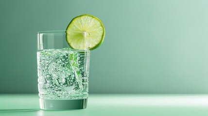 Refreshing Sparkling Water with a Slice of Lime on Minimalistic Green Background - obrazy, fototapety, plakaty