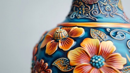 Object A beautifully designed ceramic vase with intricate detailing and vibrant colors , high detailed, no contrast, clean sharp focus