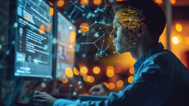 MAN IS WORKING ON DESKTOP technology background  illustration IN  vector FOR business, computer backgrounds Concept OF internet data, APP interface