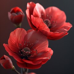 Red flowers, in the style of hyperrealistic, macro photography, closeup, ultrahigh definition, high resolution, high detail, high quality, blender