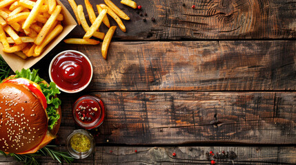 Top view of juicy burger, french fries, sauces, chips on a wooden background, Generative Ai - obrazy, fototapety, plakaty
